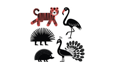 Set of 5 Animal Illustrations: Tiger, Flamingo, Hedgehog, Peacock, and More