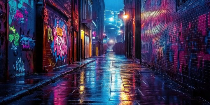 Gloomy, futuristic alley in a cyberpunk city, neon graffiti, misty atmosphere, rain-soaked street, dark urban environment