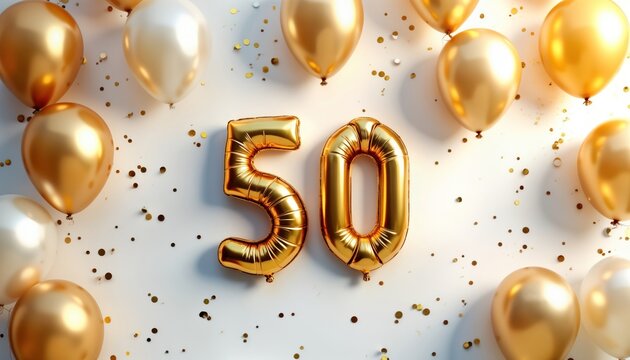 Golden balloons, confetti decorate white surface. Large golden number balloons spell out fifty. Celebration for 50th birthday golden anniversary. Party invitation menu background. Celebration