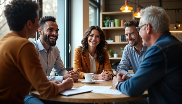 Diverse group of happy businesspeople engage in casual conversation at cafe. Multiethnic colleagues meeting for consultation team discussion. Seated around table, smiling happily. Setting indoor cafe