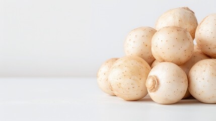 Fototapeta premium Pile of White Button Mushrooms, Fresh Fungi, Food Photography, White Background, Copy Space