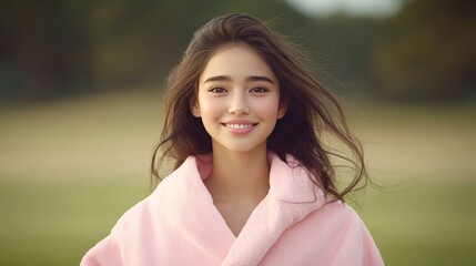 Young woman wrapped in a soft pink shawl standing in a natural outdoor setting symbolizing warmth tranquility and understated elegance in a high-quality lifestyle portrait