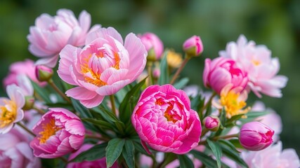 Fototapeta premium Pink peony flowers in full bloom creating a beautiful and vibrant background, botanical, beautiful, peony