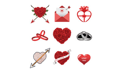 A vector illustration of six modern, minimalist Valentine's Day icons. There is a single red rose with green leaves, a heart-shaped