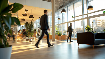Fototapeta premium Office interior with modern design showcasing professionals walking and collaborating during a bright afternoon