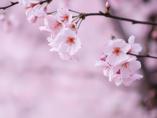 Obraz premium Pink sakura petals falling in soft focus background, nature, delicate, bloom