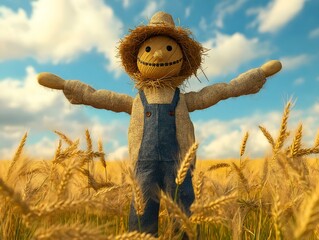 a scarecrow in a golden wheat field, a heartwarming image