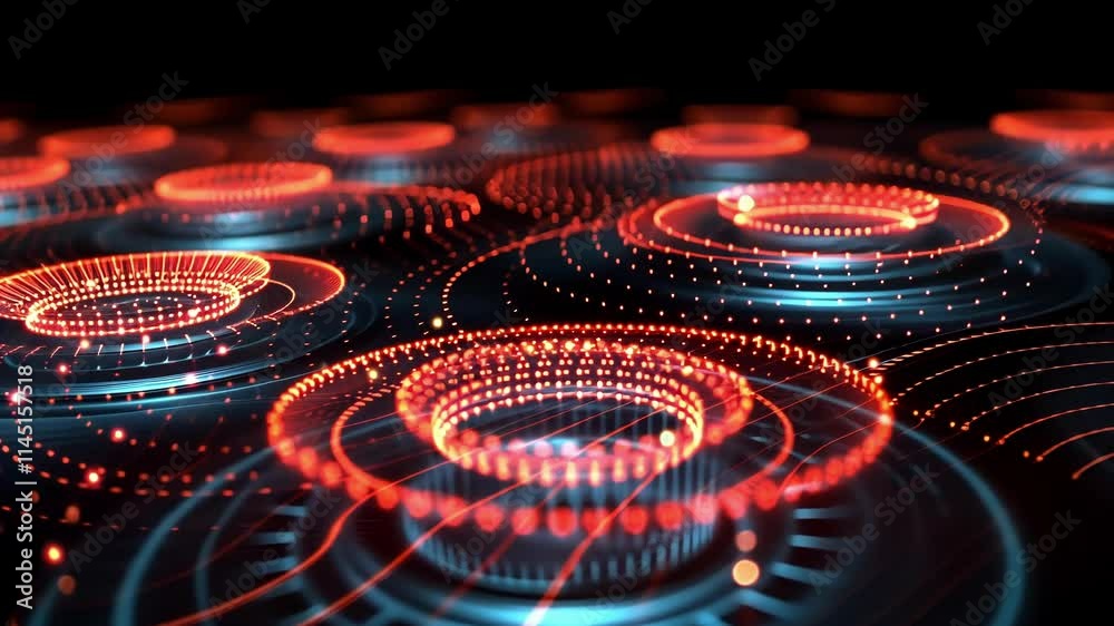 Poster complex data streams are flowing and processing through futuristic cyberspace network with glowing r