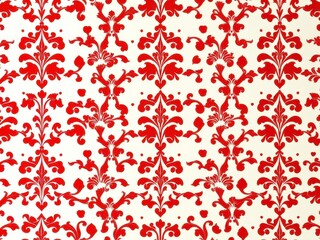 Red wallpaper vintage flock with red damask design on a white background retro vintage style, pattern, damask
