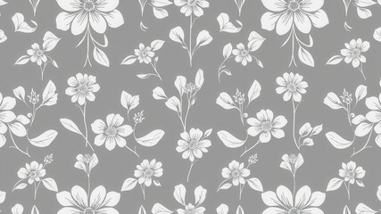Seamless charcoal floral wallpaper design with delicate blooms and foliage, elegant, stylish, floral