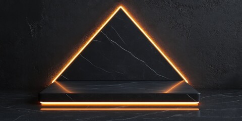 High-tech neon triangular frame with soft glowing edges, placed on a sleek black canvas