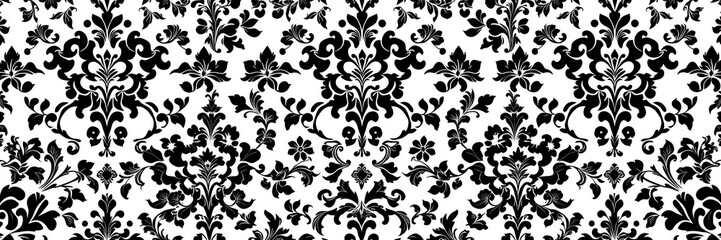 Seamless gothic damask wallpaper in black and white with intricate floral and geometric patterns, floral, wallpaper, intricate