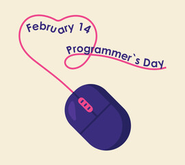 Programmer Day, Computer Mouse with Heart-shaped cord. Greeting Card for IT profession, text February 14. Purple controller, Cable, wheel. Hardware, technology. Flat image. Color vector illustration