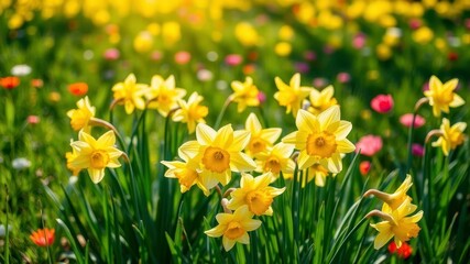 Obraz premium Vibrant daffodil flowers blooming in a sunlit field of green grass, petals, vibrant, colorful