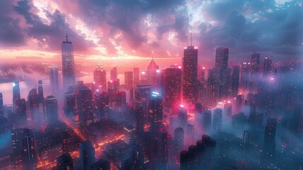 Fototapeta premium A vibrant cityscape at sunset, showcasing skyscrapers amidst colorful clouds and mist.
