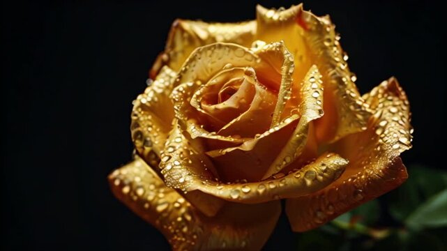 Golden rose with drops of water on black background close-up footage. St. Valentine's Day love and romance concept