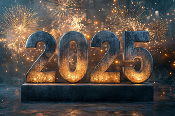 Concrete Numbers 2025 with Fireworks Background
