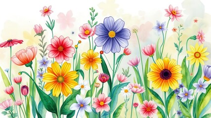 Vibrant watercolor illustration of various flowers in full bloom, artistic, illustration