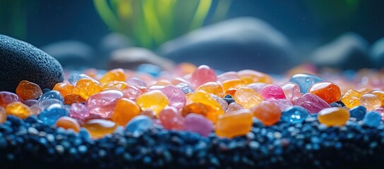 A vibrant collection of colorful pebbles and stones resting on a dark surface.