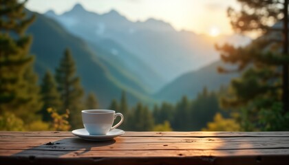 Morning scene shows a white coffee cup on a wooden table. Mountain landscape and trees form the background. Warm sunlight highlights the table. Peaceful and relaxing outdoor setting.