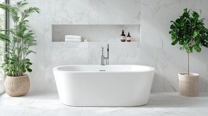 Modern minimalist bathroom with freestanding tub, marble walls, and plants.