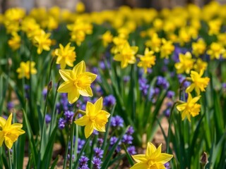 Vibrant daffodil flowers blooming in a lush field during spring, flowers, daffodil © Prayad