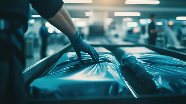 Security personnel meticulously inspecting luggage at airport checkpoint, ensuring safety and compliance with travel regulations. The scene emphasizes the importance of thoroughness in maintaining pub