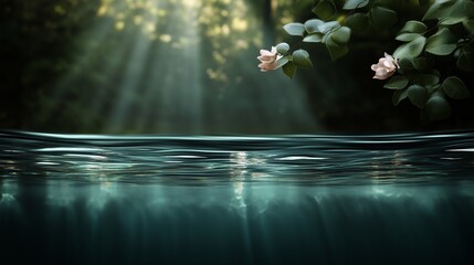 Fototapeta premium Sunlight filters through trees illuminating calm water with blooming flowers along the shore