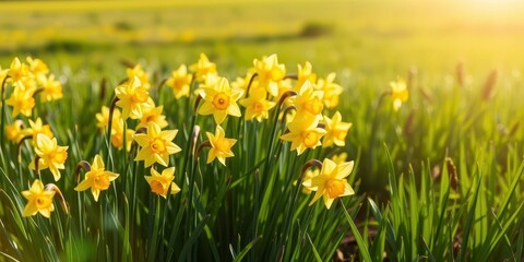 Obraz premium Vibrant yellow daffodil flowers swaying in the wind in a picturesque field of green grass, landscape, bloom
