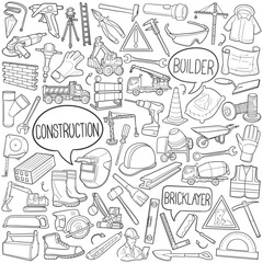 Bundle Construction Work Traditional Doodle Icons Sketch Hand Made Design Vector.