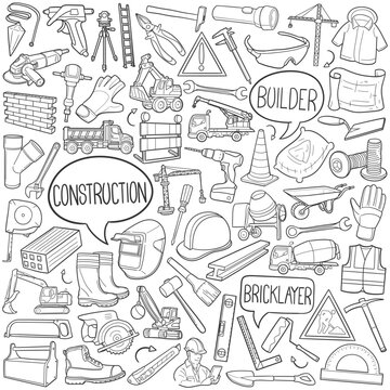 Bundle Construction Work Traditional Doodle Icons Sketch Hand Made Design Vector.