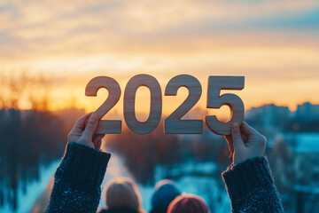 Wooden numbers forming 2025 wrapped in warm lights, held by a group at sunset in a snowy outdoor setting