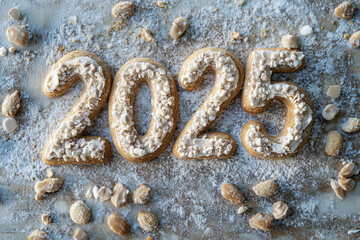 Cookies shaped as the numbers 2025 sprinkled with powdered sugar and surrounded by small dough pieces