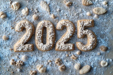 Cookies shaped as the numbers 2025 sprinkled with powdered sugar and surrounded by small dough pieces
