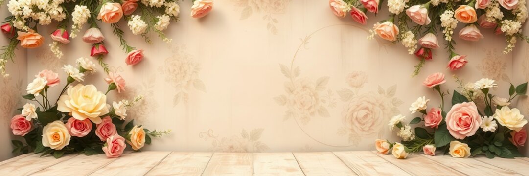 Vintage style artificial flowers wall background with muted colors and aged appearance, vintage, floral, design