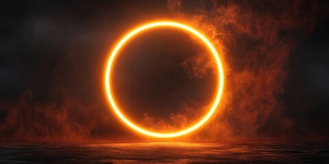 Neon orange glowing frame in a circular design, set against a dark matte background with glowing edges