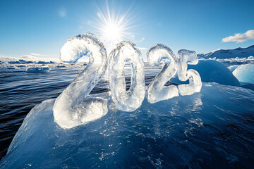 Frozen numbers 2025 carved in ice, floating on a glacier under the sunlight