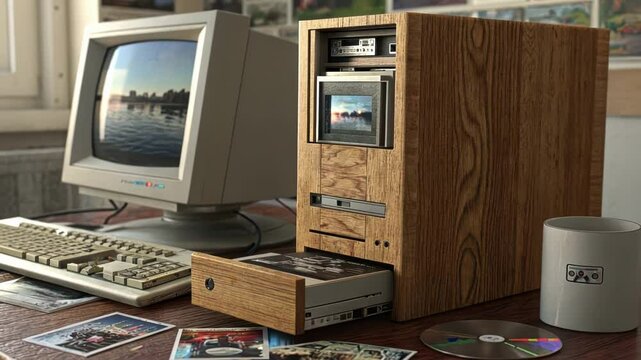 A nostalgic still life of a computer workstation featuring a sy tower with a wooden grain finish as its CDROM drive reveals a disc surrounded by softfocus photographs and a