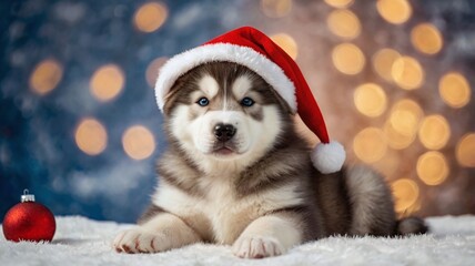 Fototapeta premium Alaskan malamute puppy wearing santa's hat hugs kitten. Pets sleep together on festive background