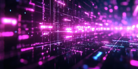 Retro neon grid frame with cyberpunk vibe, glowing in purple and pink hues on a black backdrop