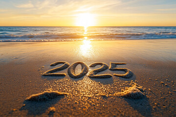 2025 written in sand with a gentle ocean wave washing over it