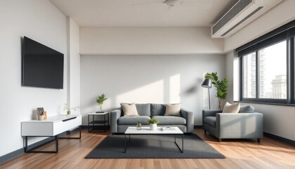 Fototapeta premium Urban Modern Student Living Room with high-tech furniture, modern design, and a neutral color palette. The skirting boards are painted dark gray