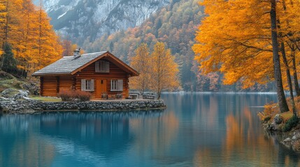 Fototapeta premium Tranquil lakeside cabin surrounded by vibrant autumn foliage.