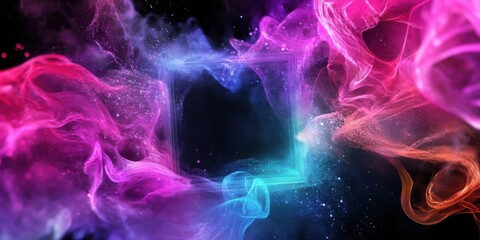 Soft neon pastel frames with a glowing aura, surrounded by a black canvas, minimalist and sleek