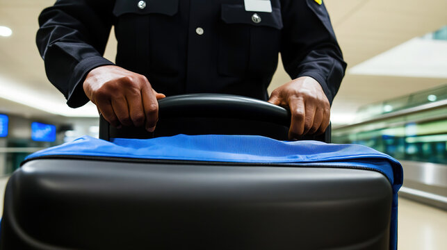 Security personnel meticulously inspecting luggage at airport checkpoint, ensuring safety and compliance with travel regulations. The scene emphasizes the importance of thoroughness in maintaining pub