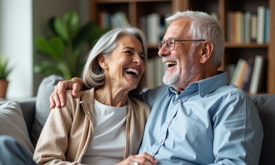 Elderly couple laughing on couch grey sofa living