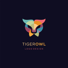 Tiger head overlapping color icon logo template with owl vector