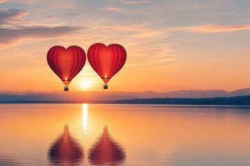 Fototapeta premium Heart-Shaped Hot Air Balloons Over Calm Lake at Sunset. Romantic Background with Vibrant Sky and Reflection on Water. Perfect for Love, Travel and Inspirational Themes. AI generated