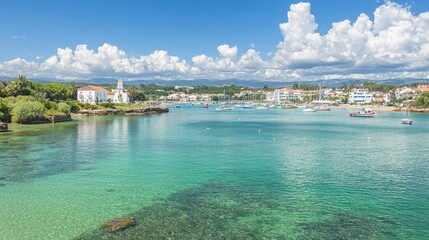 Scenic coastal view with boats, clear water, and vibrant clouds.
