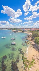 Naklejka premium Scenic coastal view with boats, sandy beach, and vibrant clouds.